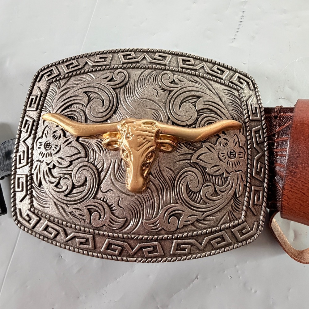 Kacey Lee Western Floral Embossed Genuine Leather Longhorn Belt 2XL Brown New - Picture 8 of 10